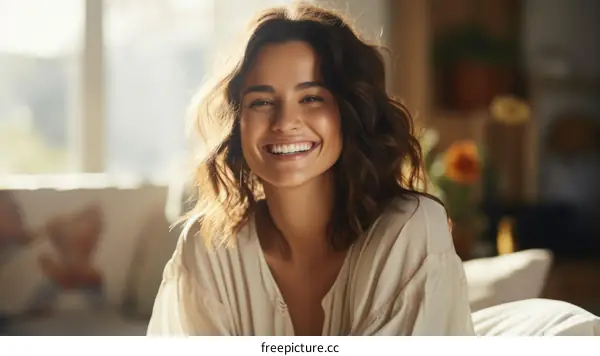 Portrait of a smiling young woman with brown hair and wearing a white shirt