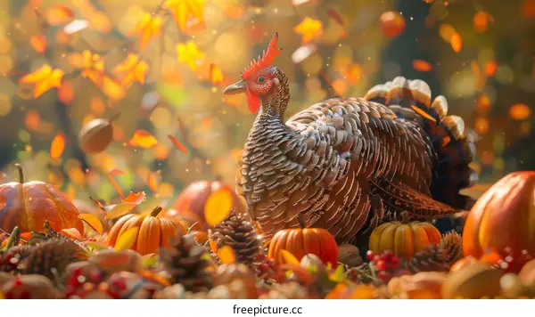 A Thanksgiving turkey amidst pumpkins and autumn foliage