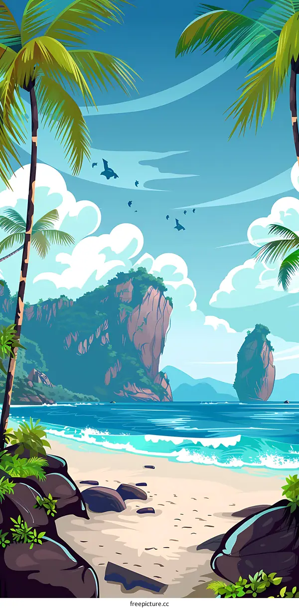 Tropical Beach with Palm Trees and Cliffs
