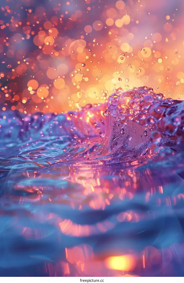 Close-up of Water Droplets Forming a Ripple with a Blurred Background of Sparkling Lights
