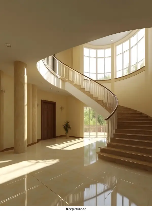 Modern Interior Design with Curved Staircase and Large Windows