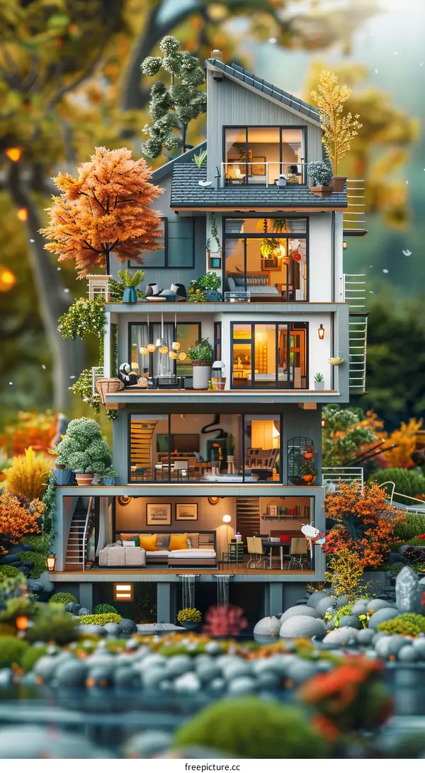 Modern Home Oasis with Plants and Waterfall