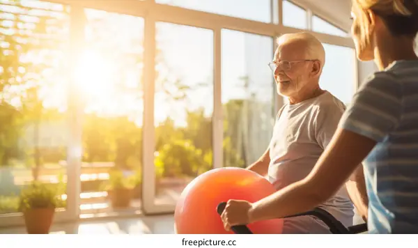 Senior man exercising with physical therapist