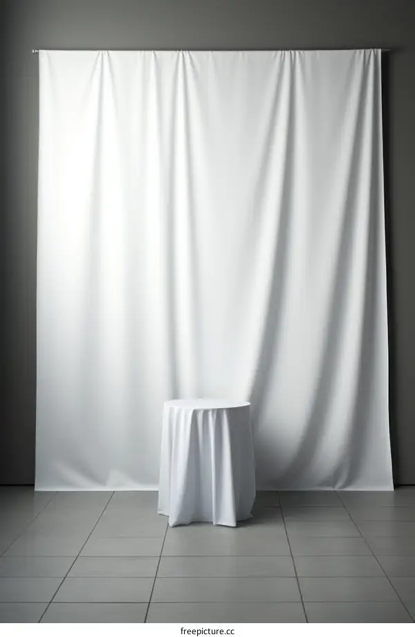White Round Table and Flowing Curtain in Gray Room