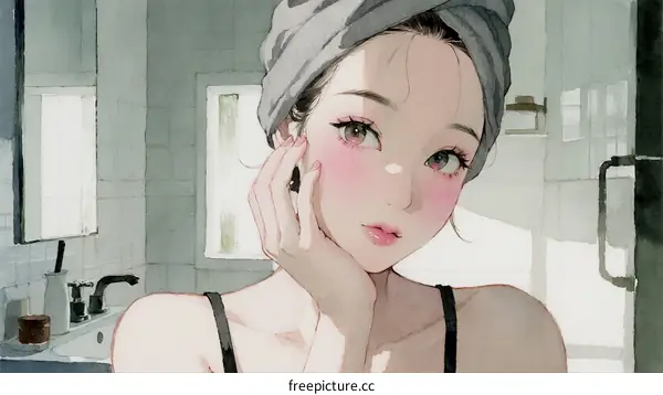 A Young Woman with Towel on Head in Bathroom