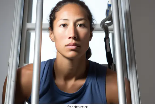 Portrait of a determined young female athlete standing on a ladder
