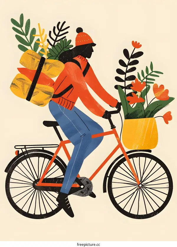 Person Riding Bicycle with Plants in Basket and Backpack