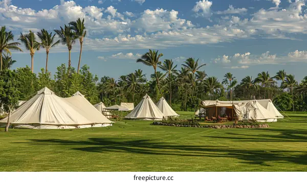 Palm trees and white canvas tents on a green field
