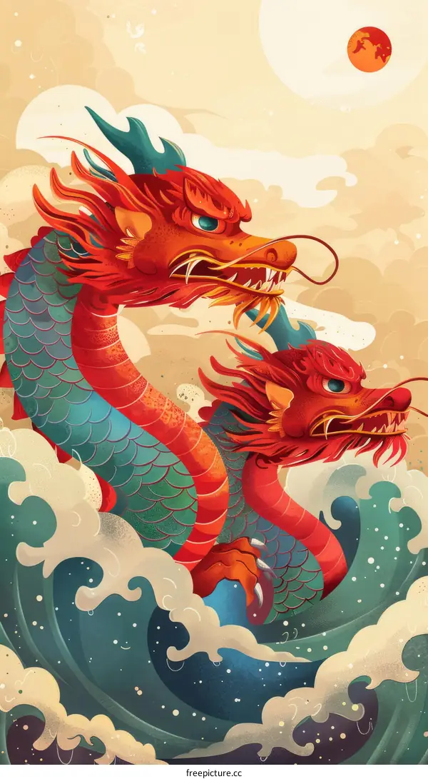 Red Dragons Playing in the Clouds