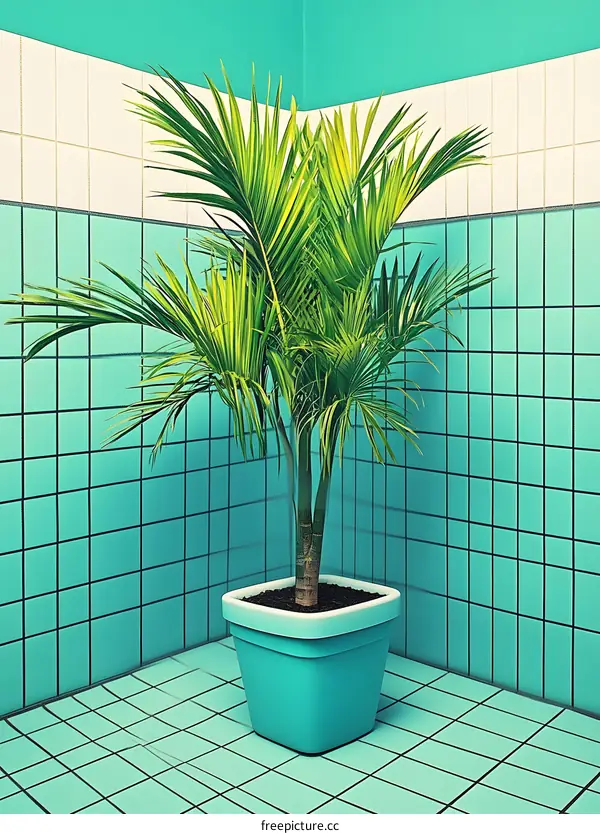 Green Plant in a Blue Pot Against a Blue Tile Wall