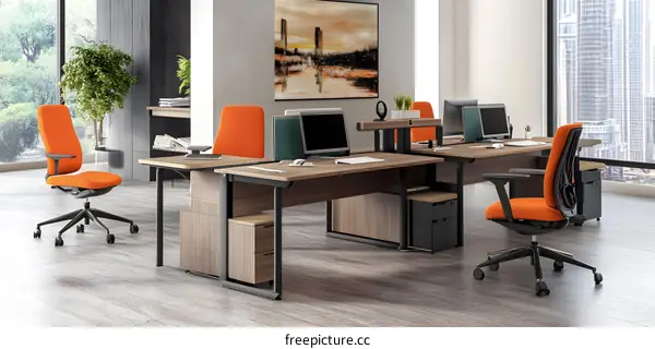 Modern Office Workspace with Orange Chairs and Desks
