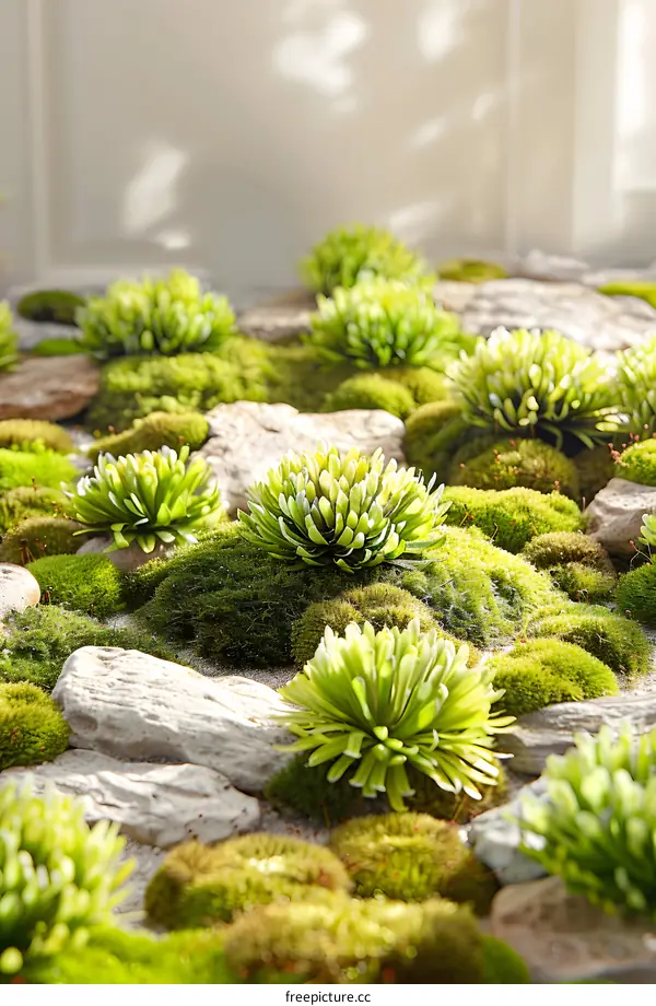 Green Moss and Succulents on Stone