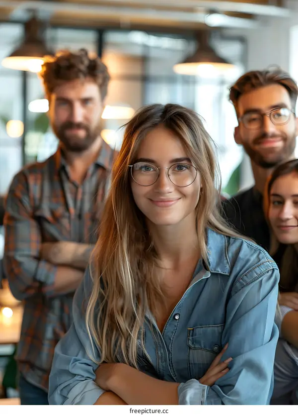 Smiling Woman in a Blue Shirt with a Group of People Behind Her