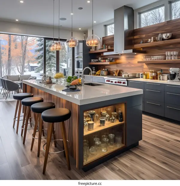 Modern kitchen interior design with wood cabinets and stainless steel appliances