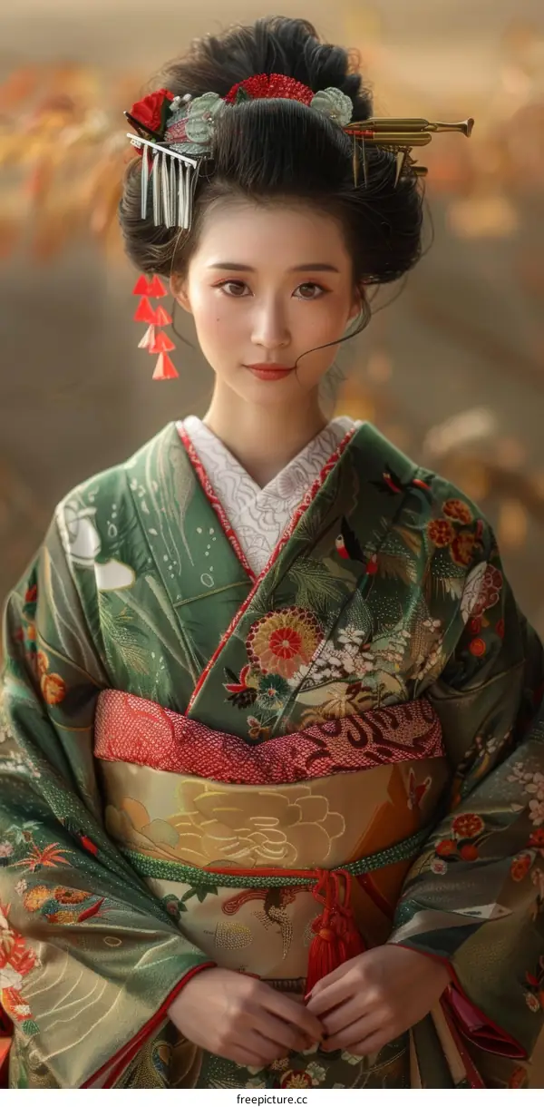 Portrait of a beautiful Japanese woman in traditional kimono