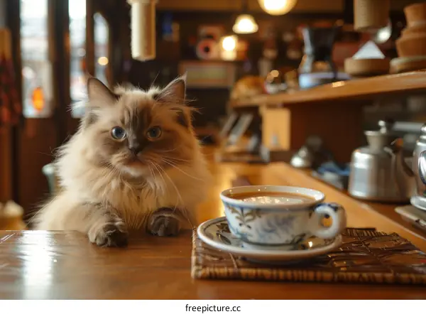 A fluffy cat is sitting on a table next to a cup of coffee