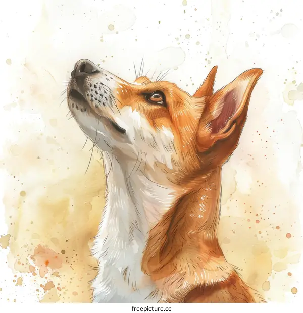 A watercolor painting of a dog looking up