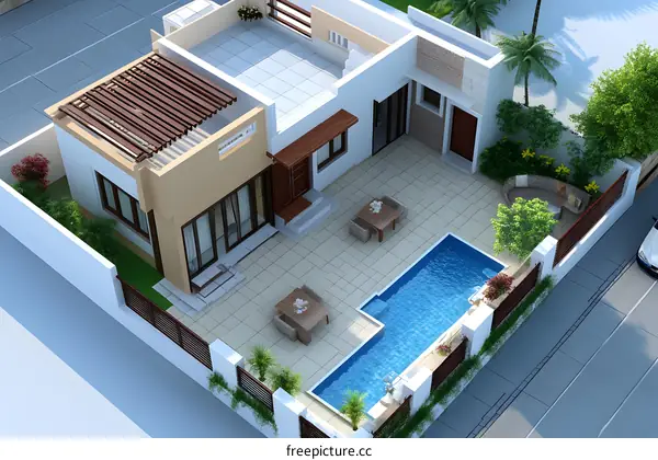 Top View of Modern House with Swimming Pool and Garden