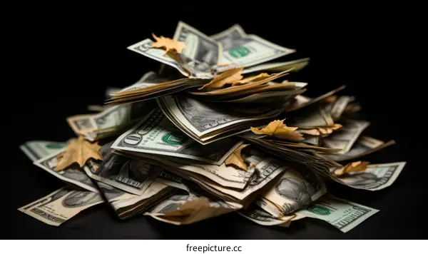 Pile of one hundred dollar bills with autumn leaves