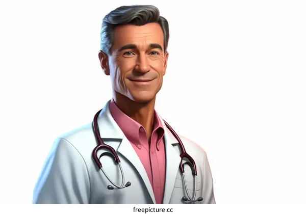 Smiling Male Doctor in Pink Shirt and White Lab Coat