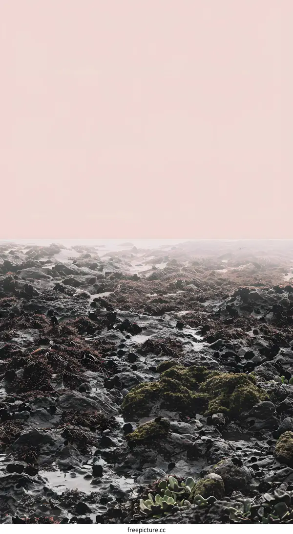 Rocky Shoreline With Lush Seaweed And Foggy Sky