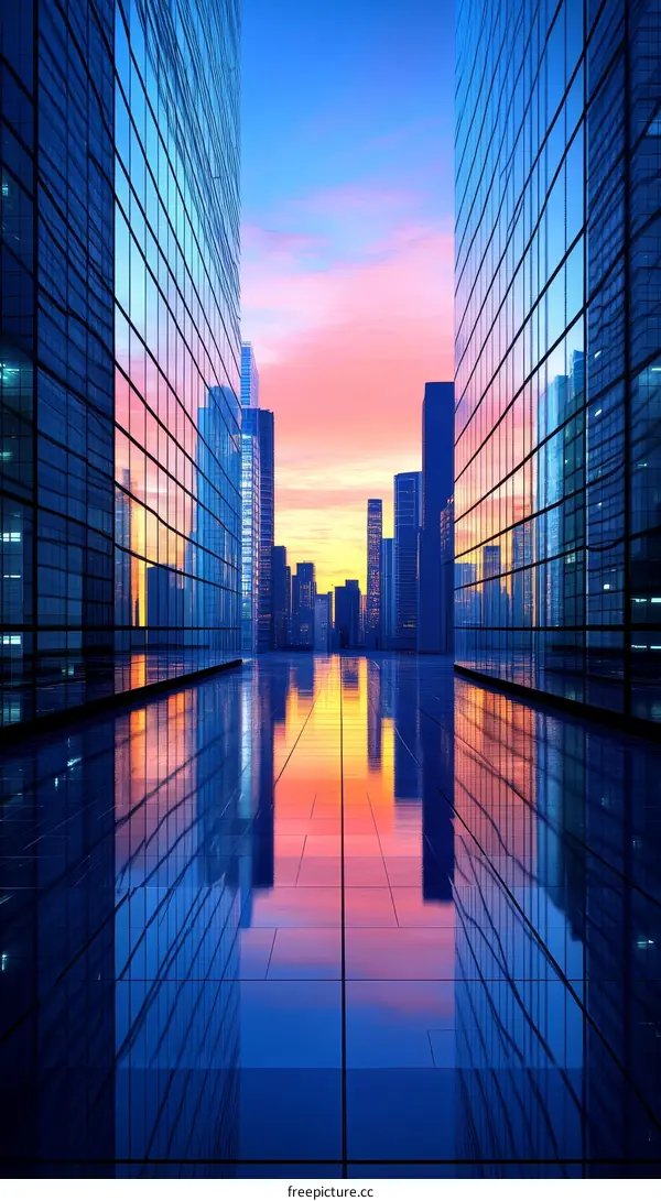 Modern City Skyline Reflection at Sunrise