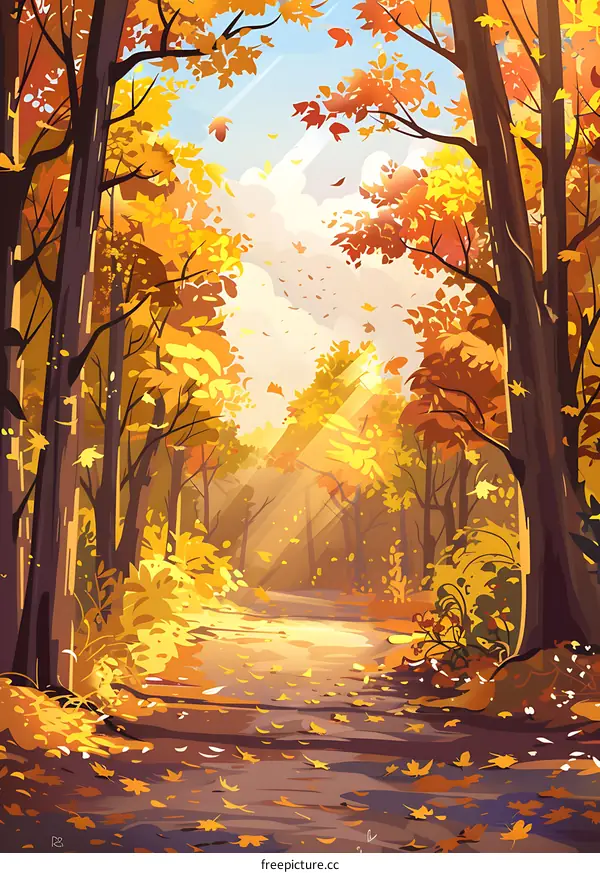Autumn Forest Path With Sun Rays Shining Through Trees