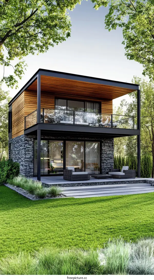 Modern Cabin House with Deck and Landscaping