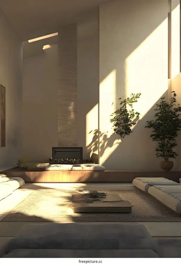 Modern Minimalist Living Room Interior Design with Fireplace and Plants