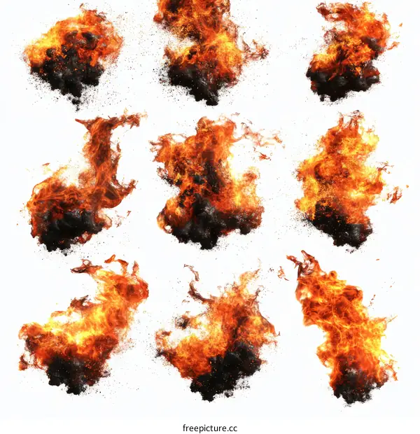 Different Fire Explosion Effects Isolated on White Background
