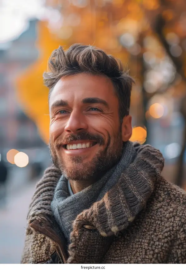 Smiling Man in Autumnal Cityscape