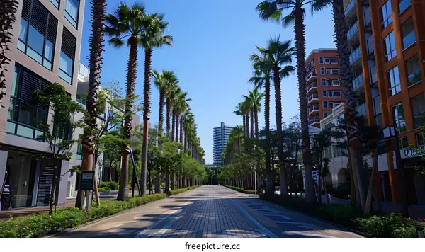 Palm trees line a pedestrian walkway in a city