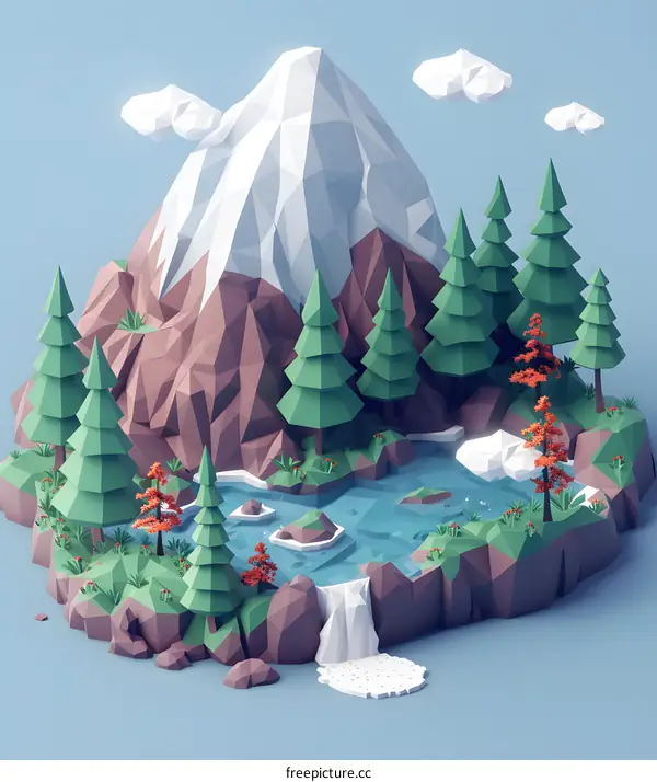 Low Poly Mountain Landscape With Waterfall