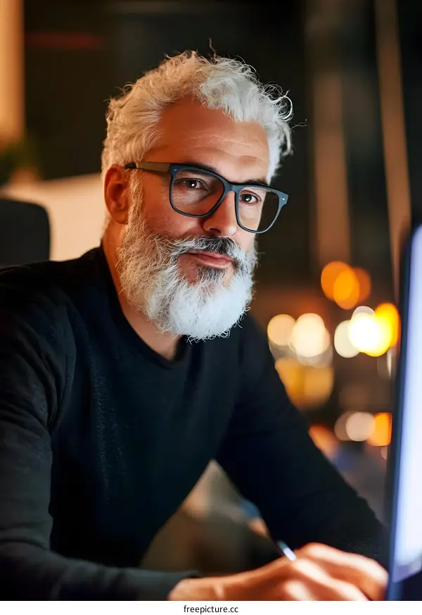 Senior Man Wearing Glasses Working on Computer at Home