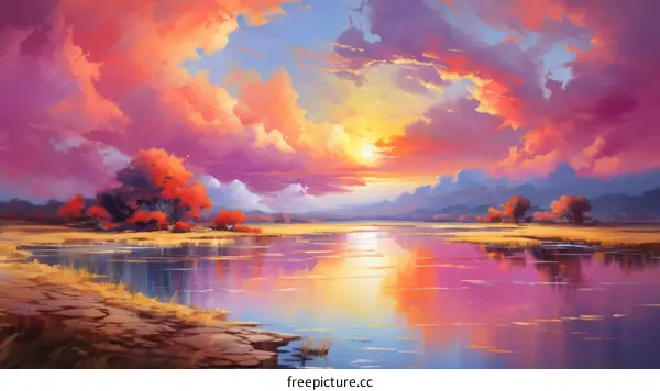 Surreal landscape of vivid colors at sunset over a lake and mountains
