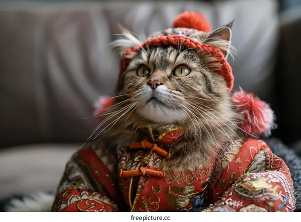 A cat wearing a red and gold Chinese traditional costume