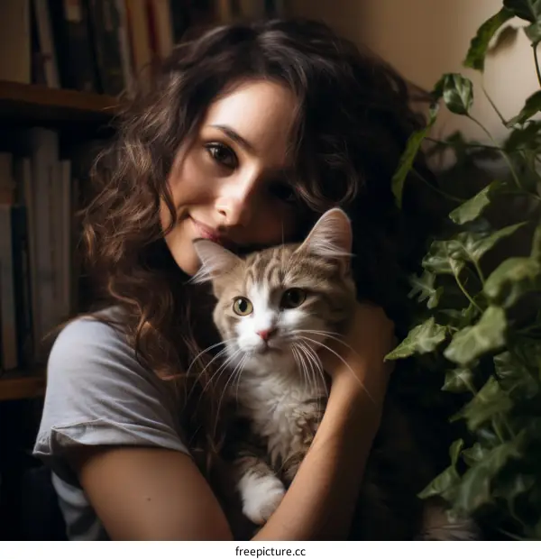 A young woman is hugging a cat