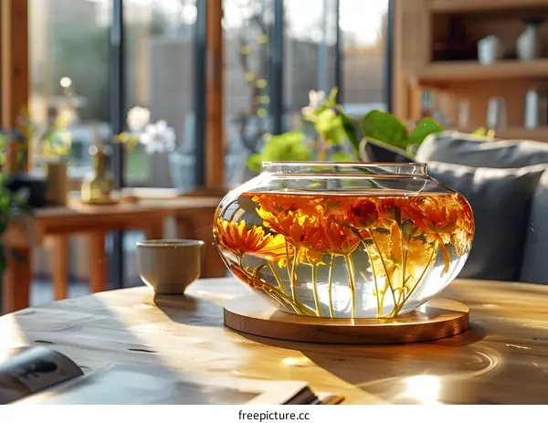 Orange Flowers in Glass Vase on Wooden Table