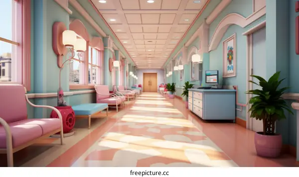 A retro hospital hallway with pink and blue walls and a pink and white tile floor