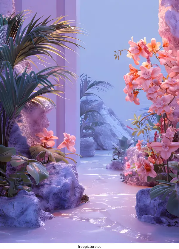 Purple liquid flowing between rocks and plants