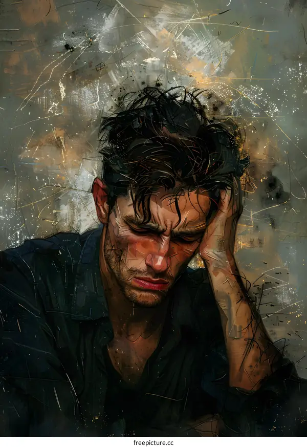 Portrait of a man with dark hair and a beard, wearing a black shirt, with his hand on his head and a pained expression on his face.