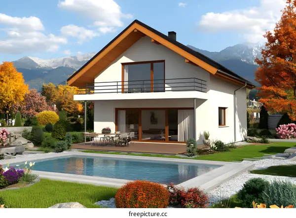 Modern White House With Swimming Pool and Autumn Landscape