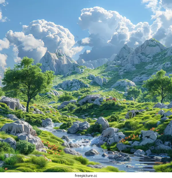Mesmerizing Fantasy Landscape with Verdant Hills and Mountains