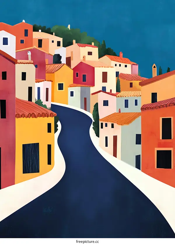 Colorful Houses on a Winding Road Illustration