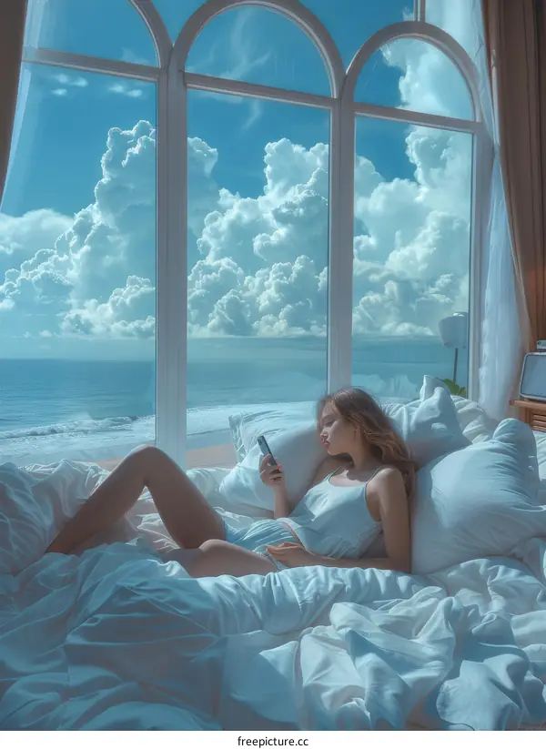 Girl Enjoying Scenic Ocean View from Bedroom Window