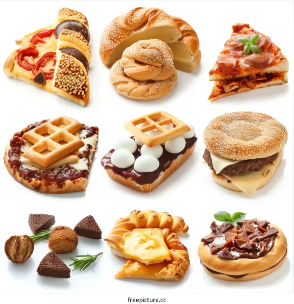 Delectable Pastries, Breads, and a Burger on a White Background