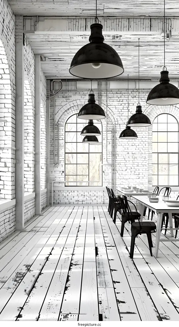 White Brick Wall Room with Black Pendant Lights and White Wooden Floor