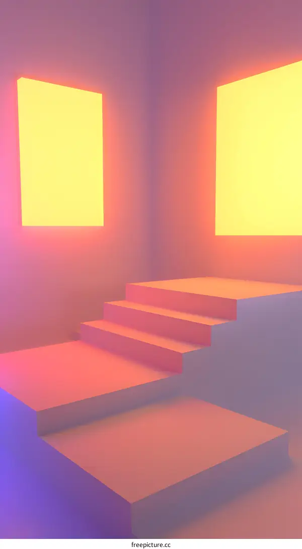 Minimalist 3D Render of Pink and Blue Neon Lights with Stairs