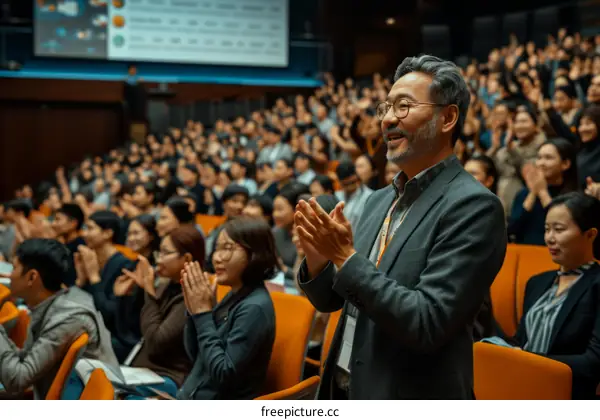 A group of people are sitting in a large room listening to a speaker