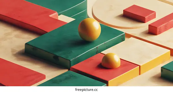 Abstract Geometric Shapes with Yellow Spheres on Green and Red Platforms